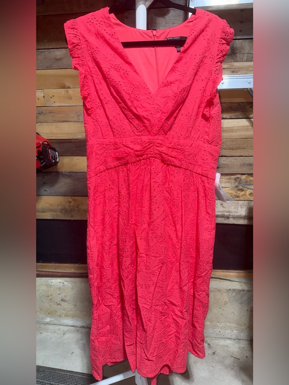 Maggy London Eyelet V-Neck Midi Dress in Coral size 14